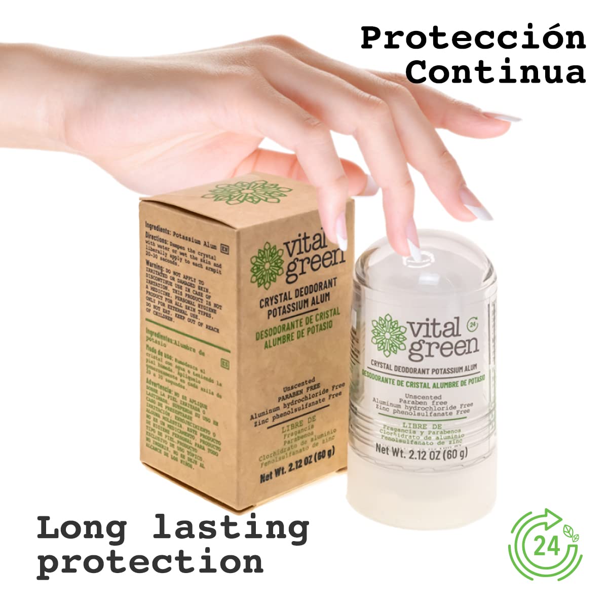 Vital Green - Desodorante Natural de Piedra Cristal de Alumbre de Potasio, Sin Parabenos y Sin Alcohol. Elimina El Olor y No Mancha, Presentación 60 g - 2.1 oz (2 Piezas)