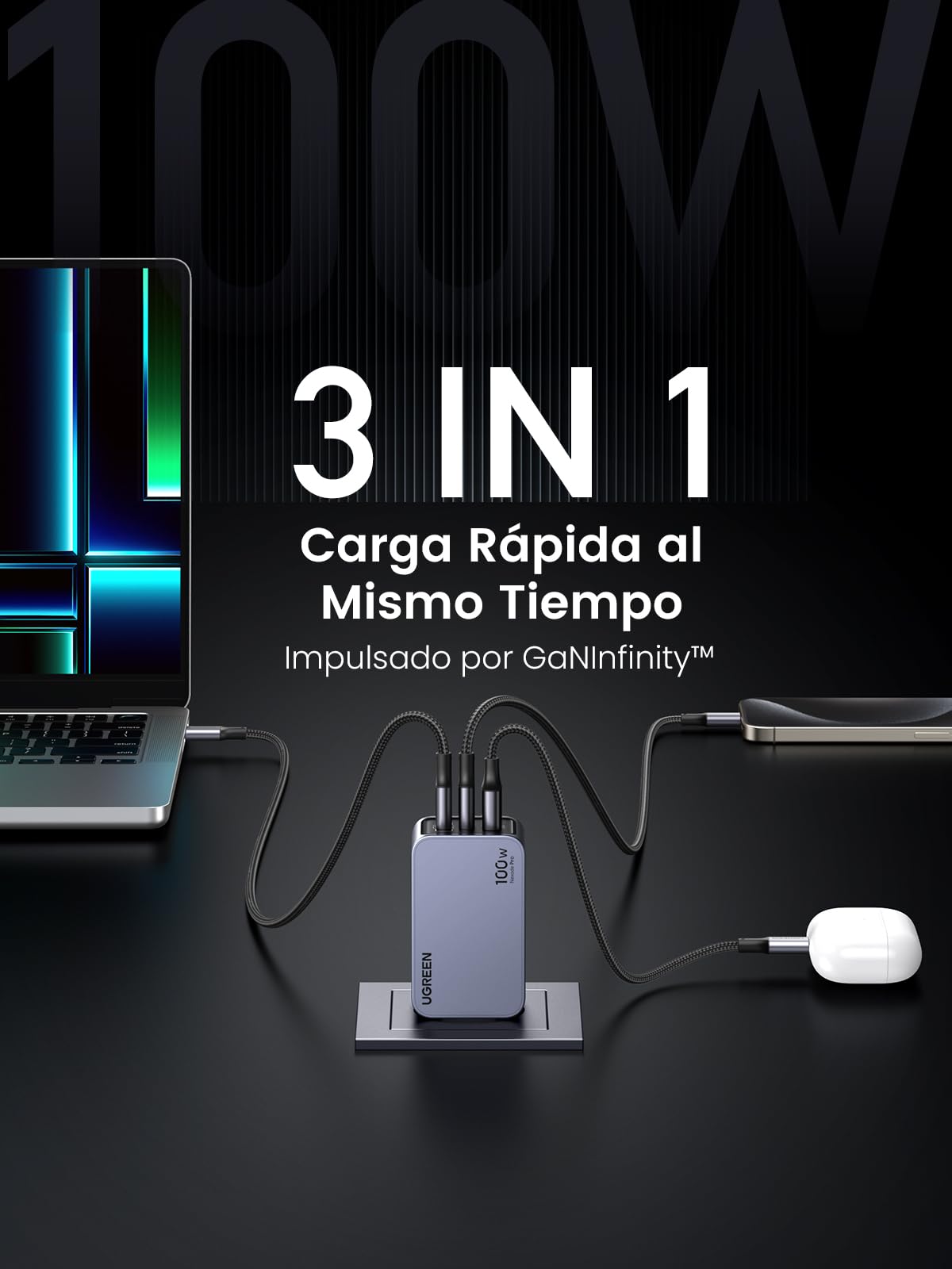 Cargador Tipo C UGREEN Nexode Pro 100W Blanco con PPS GAN y 3 Puertos para MacBook, DELL, iPad, iPhone, Galaxy, Pixel, Steam Deck