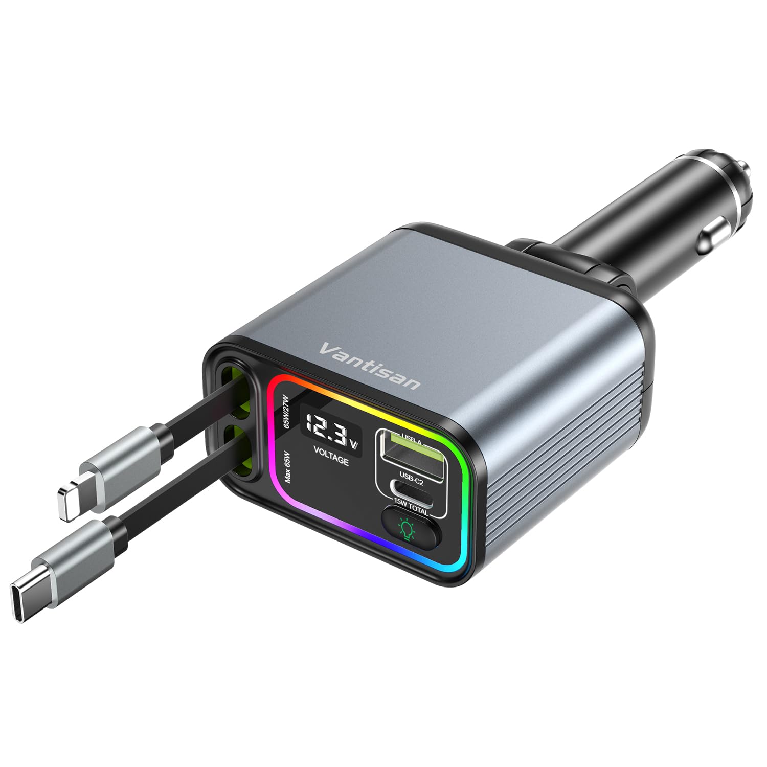 vantisan Cargador para Auto,Adaptador de Cargador de Coche con Pantalla de Luz, 140w Carga Rápida Conector telescópico y 2 Puertos USB con RGB, Compatible con iPhone,Galaxy, Xiaomi