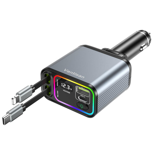 vantisan Cargador para Auto,Adaptador de Cargador de Coche con Pantalla de Luz, 140w Carga Rápida Conector telescópico y 2 Puertos USB con RGB, Compatible con iPhone,Galaxy, Xiaomi