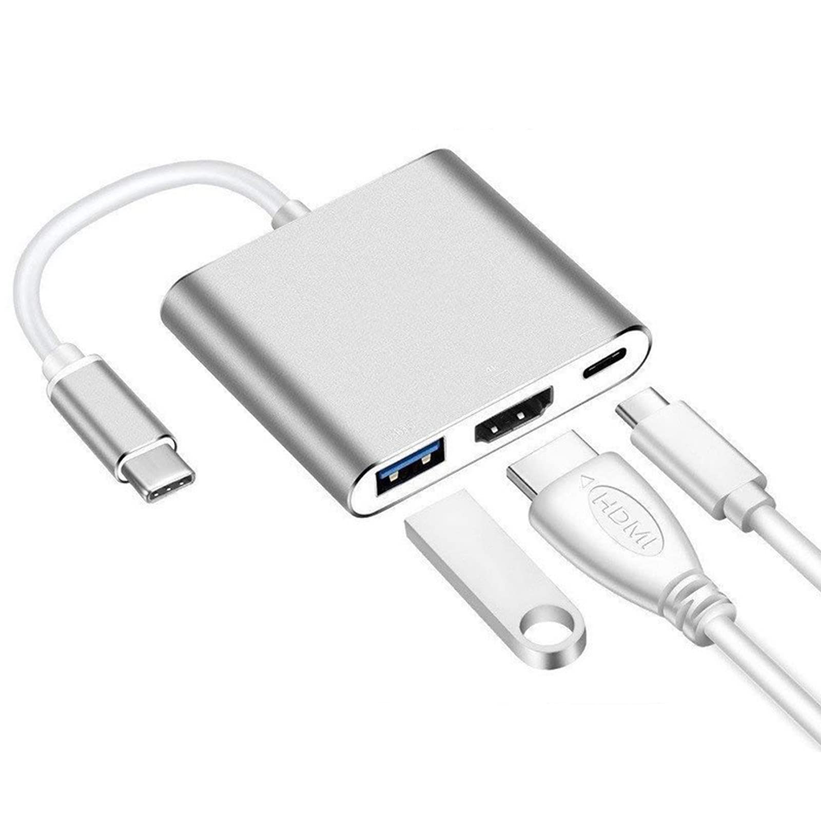 BOJOOM Adaptador USB C a HDMI, 3 en 1 Adaptador Tipo C Multipuerto USB C Hub con Salida HDMI 4K, Puerto USB 3.0 y Puerto de Carga USB-C Compatible con MacBook/iMac/Chromebook/Samsung/Projector/Laptop