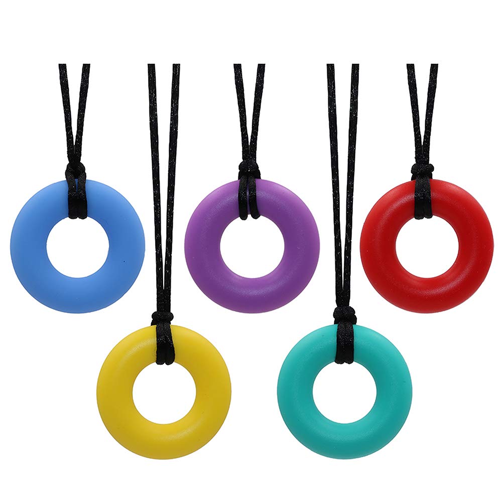Collar sensorial para masticar para niños y adultos, paquete de 5 juguetes masticables de silicona, para ayudar a motor oral, juguetes masticables para niños y niñas con autismo, TDAH, reduce el donut