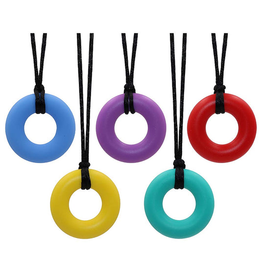 Collar sensorial para masticar para niños y adultos, paquete de 5 juguetes masticables de silicona, para ayudar a motor oral, juguetes masticables para niños y niñas con autismo, TDAH, reduce el donut