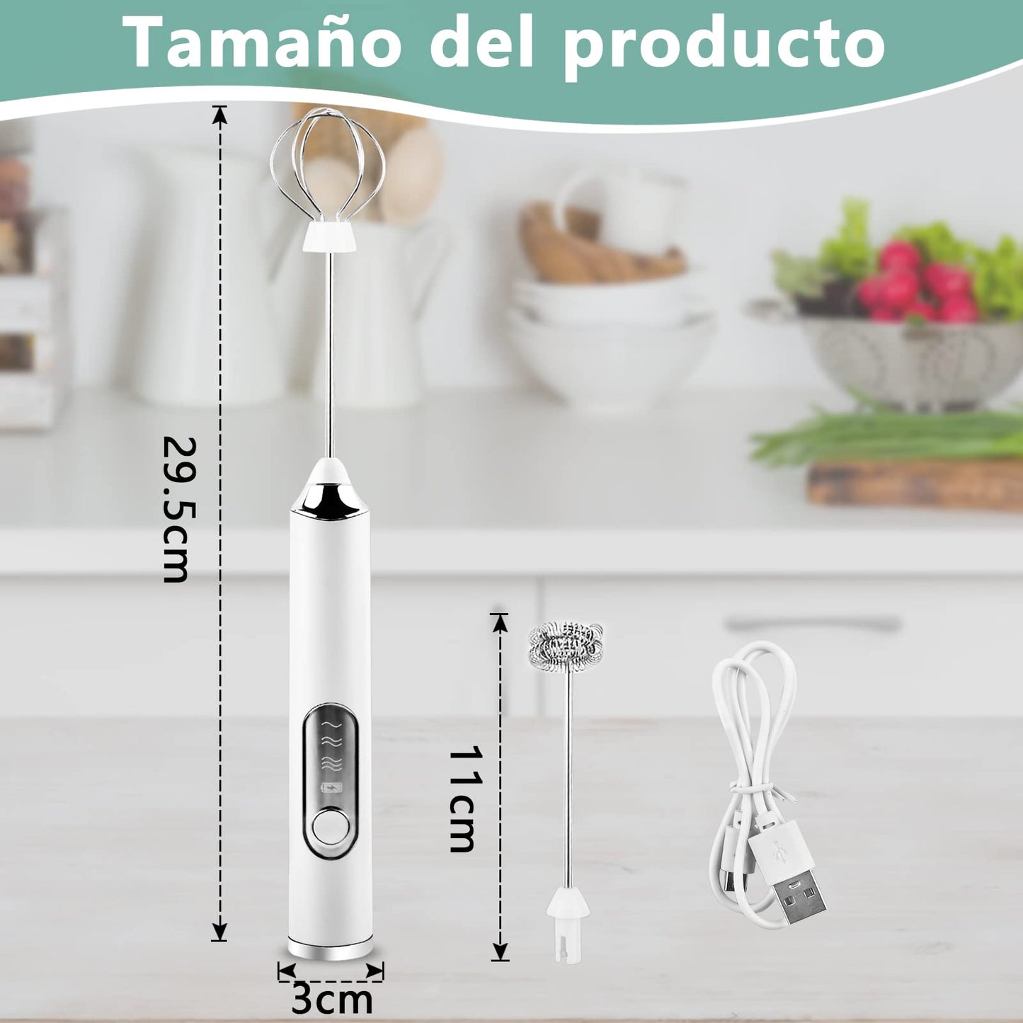 Espumador de Leche Eléctrico Blanco Recargable con 2 Batidores y 3 Velocidades