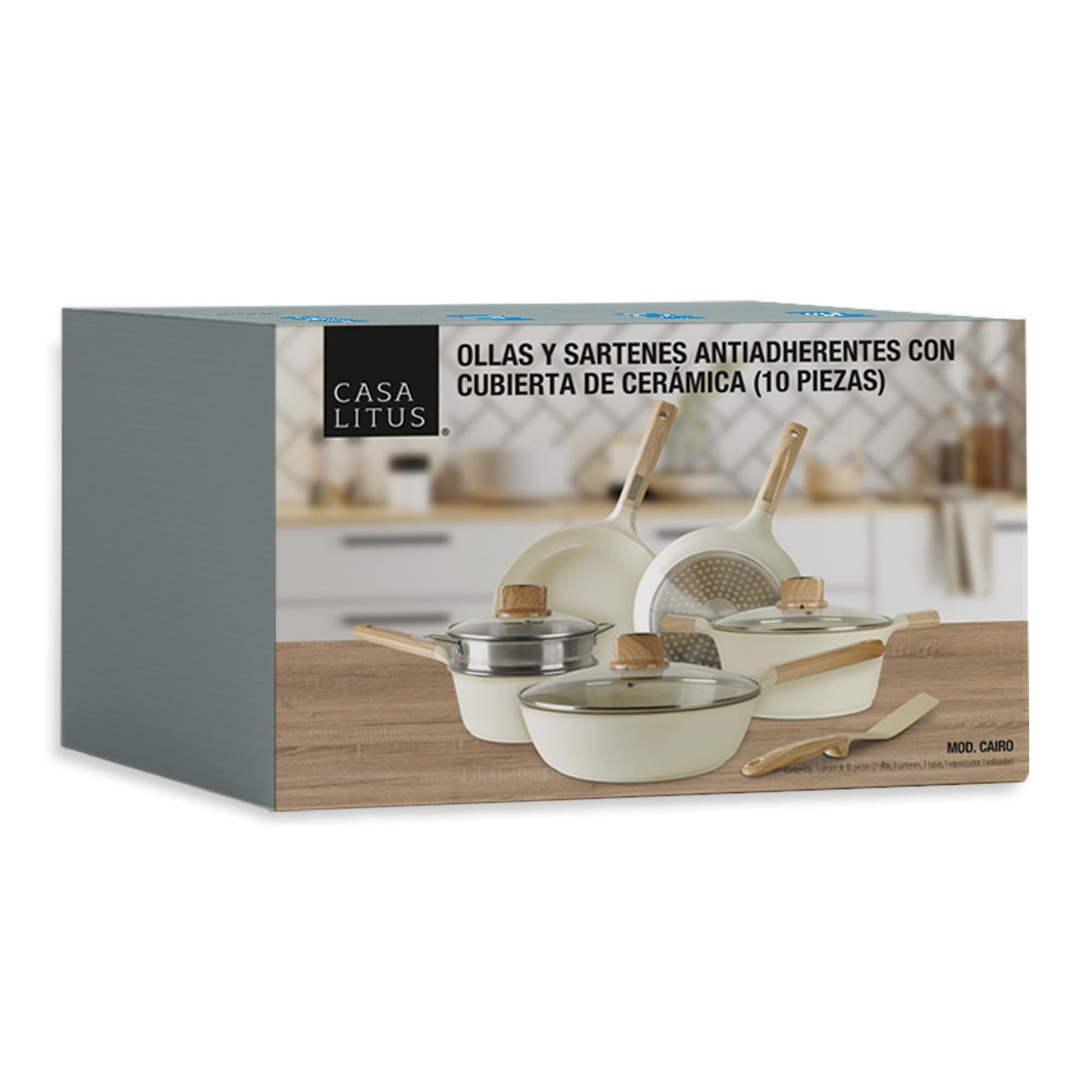 CASA LITUS Batería de Cocina con Cubierta de Cerámica Antiadherente (10 Piezas), Incluye 3 Sartenes, Olla, Cacerola, Vaporera, Tapas y Espátula, para Estufa de Fuego e Inducción, Libre de PFOAs y BPA