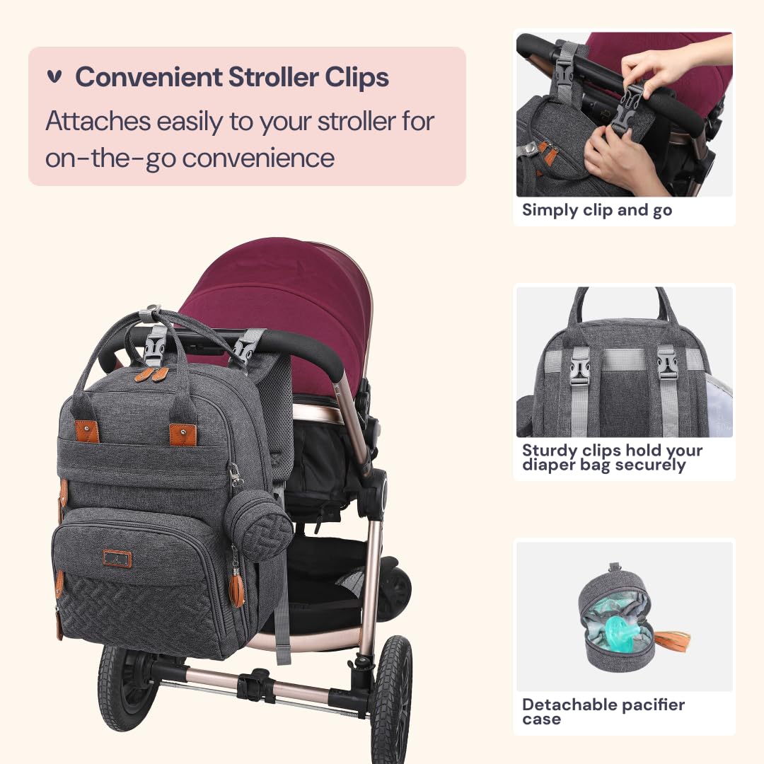 BabbleRoo - Mochila para pañales, multifuncional, impermeable, bolsa de pañales para bebé, con cambiador, correas para carriola y funda para chupete, unisex, gris oscuro