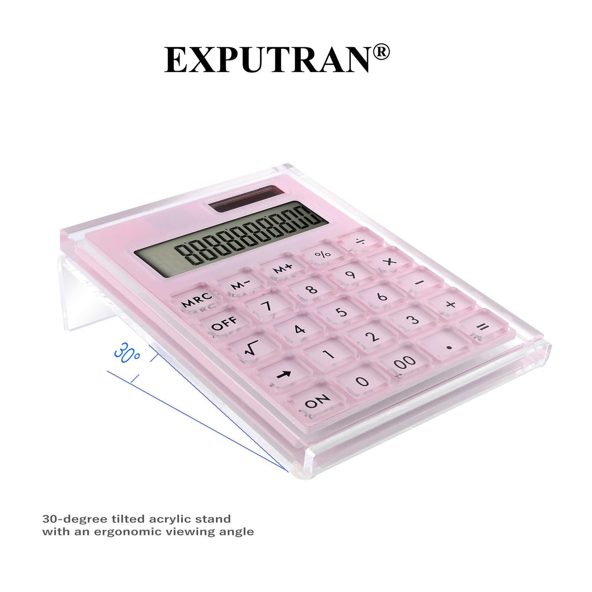 Calculadora Acrílica EXPUTRAN Rosa con Soporte y Energía Solar Híbrida de 12 Dígitos para Escritorio