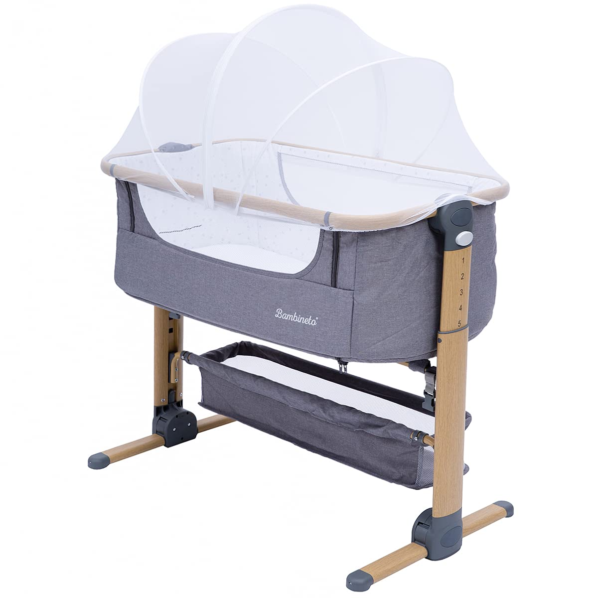 BAMBINETO Cuna Colecho Moisés para bebé Rame, mosquitero, colchón, Plegable, Maleta de Viaje. Gris