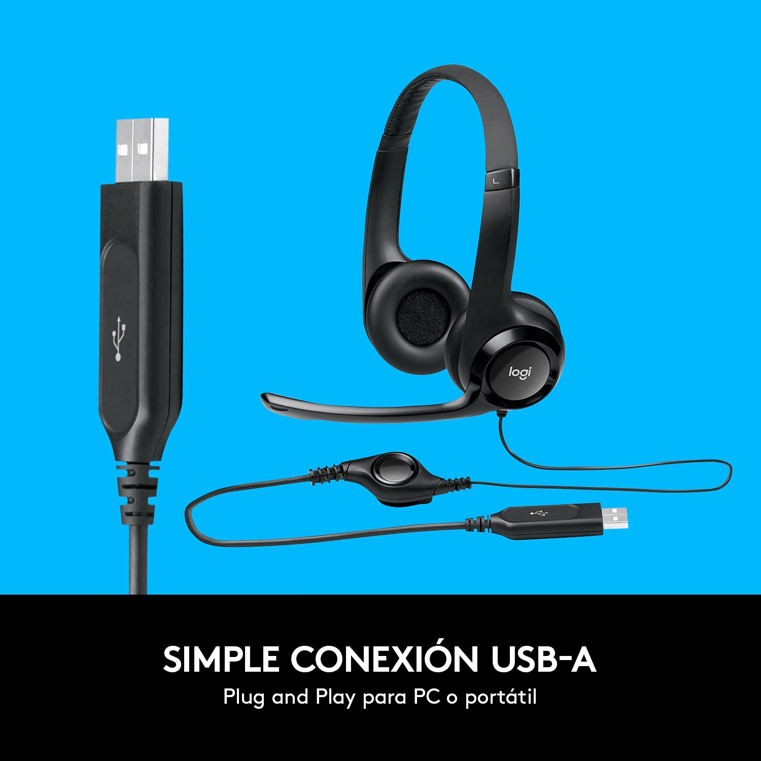 Logitech H390 Diadema con Cable, Sonido Estéreo y Micrófono USB con Supresión de Ruido, Controles Integrados en el Cable, PC/Mac/Laptop/Chromebook - Negro