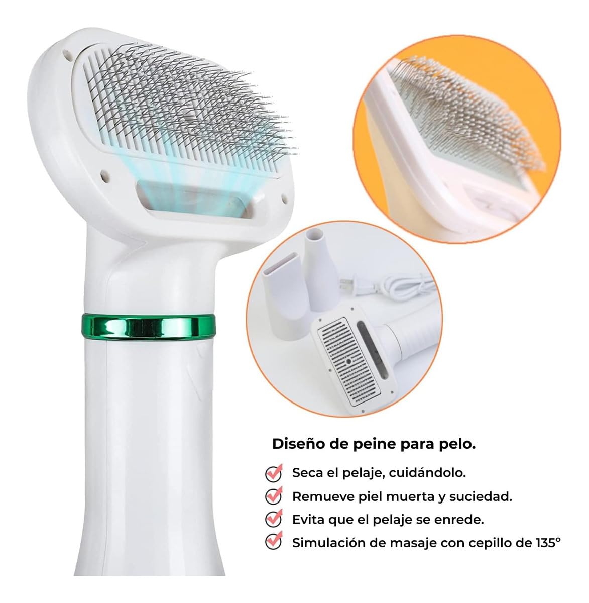 HOPEMOB Secador De Pelo Para Mascotas 3 En 1 Portátil Peine De Aire Caliente Automático y Cabezales de Recambio
