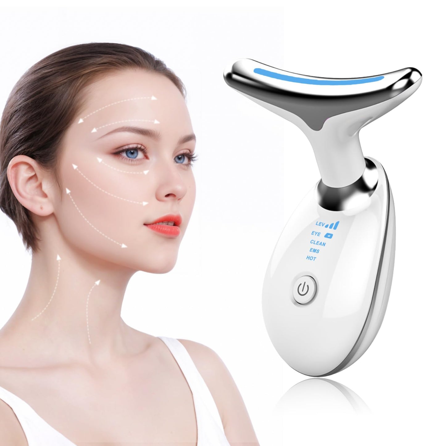 Masajeador Facial Cuello, Antiarrugas Masajeador de Belleza con 3 Modos, Máquina Belleza Facial Electrico con Luz LED, Masajeador de Cuello Portátil, Antienvejecimiento, Limpieza Profunda Piel