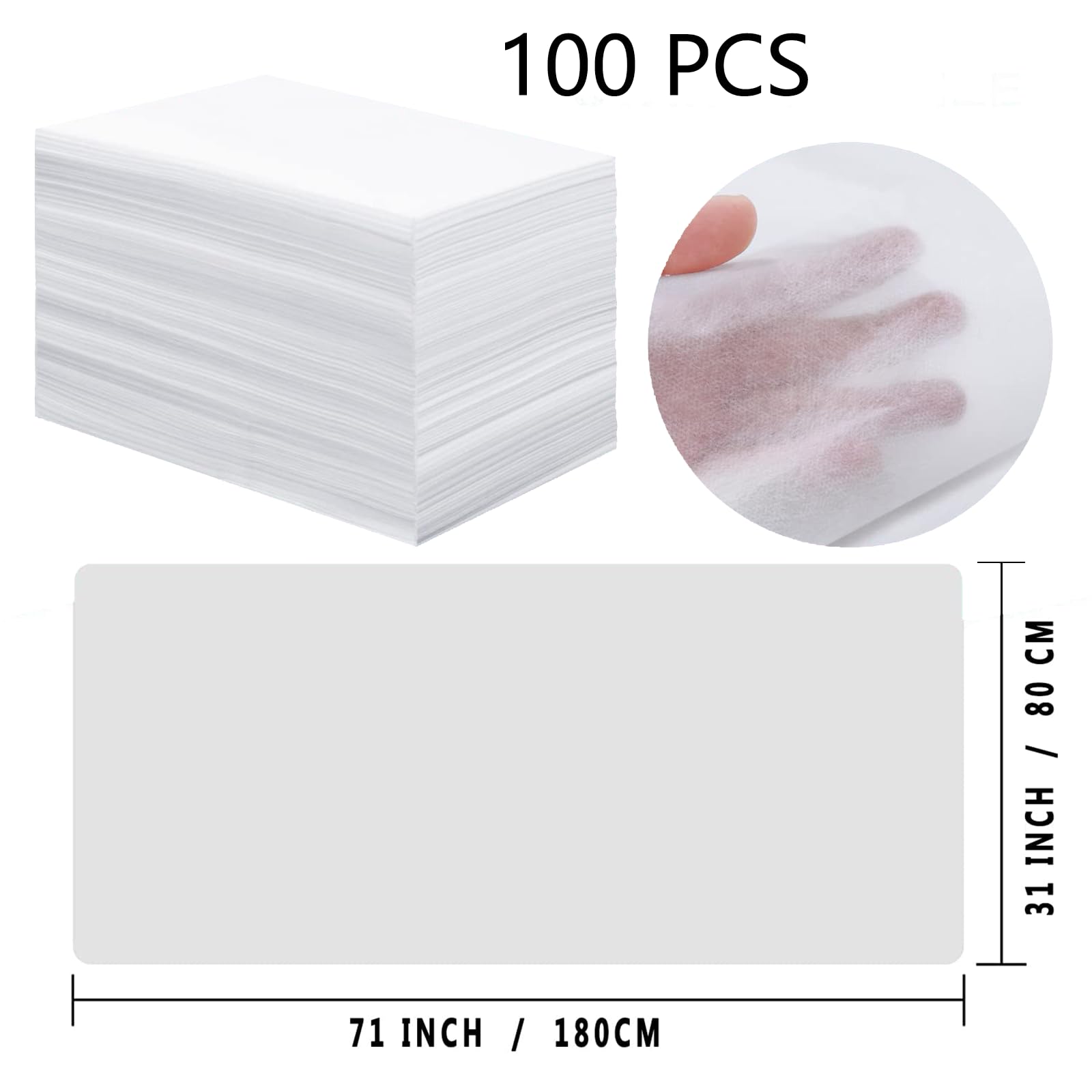 IOWHDS Sabanas desechables camilla masaje, 100 PCS Sabanas desechables cama hotel, Tela No Tejida,Transpirable,Suave, Sábanas desechables Blanco para SPA, Salón de Belleza, Hoteles(180cm*80cm)