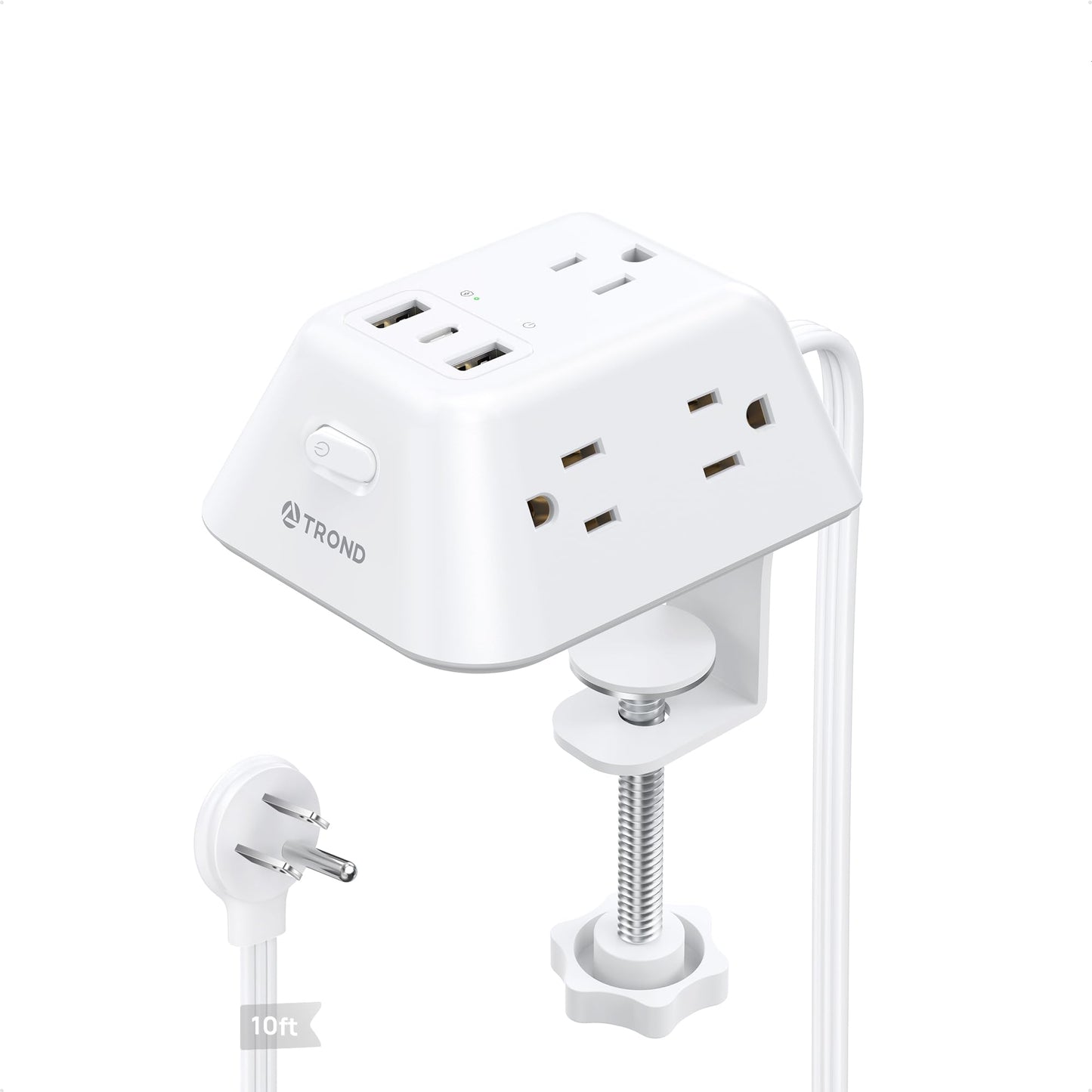 TROND Regleta Multicontacto con Abrazadera 3M, 5 Tomas AC y 3 Puertos USB, Protector de Sobretensión, Montaje en Escritorio, Apto para Mesas de 1.97", Ideal para Hogar, Oficina y Juegos,Blanco