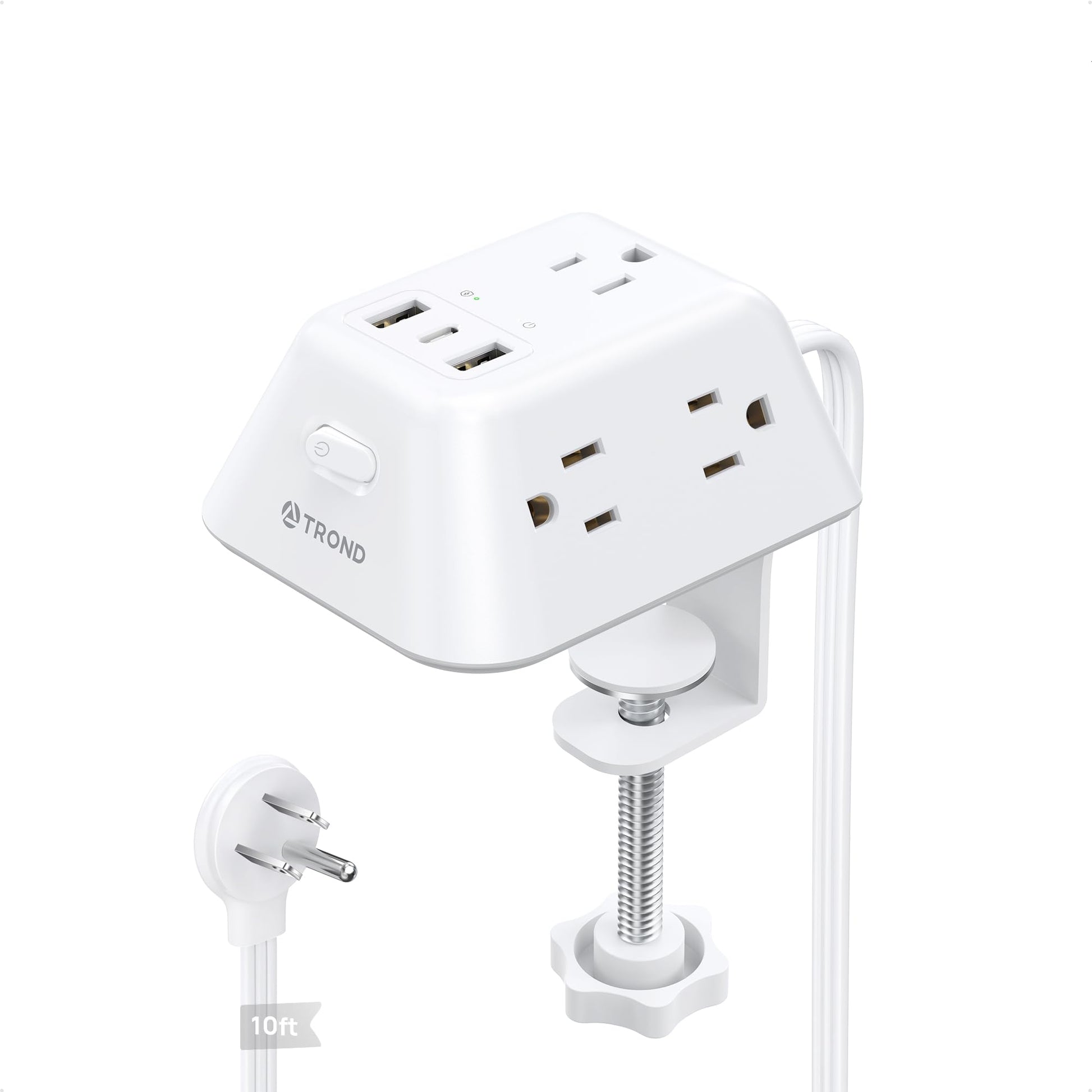 TROND Regleta Multicontacto con Abrazadera 3M, 5 Tomas AC y 3 Puertos USB, Protector de Sobretensión, Montaje en Escritorio, Apto para Mesas de 1.97", Ideal para Hogar, Oficina y Juegos,Blanco