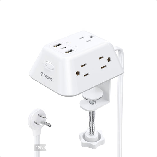 TROND Regleta Multicontacto con Abrazadera 3M, 5 Tomas AC y 3 Puertos USB, Protector de Sobretensión, Montaje en Escritorio, Apto para Mesas de 1.97", Ideal para Hogar, Oficina y Juegos,Blanco