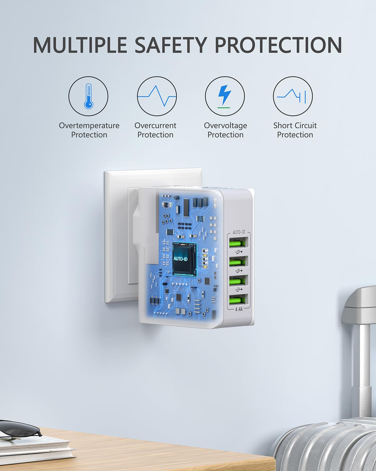 LENCENT Cargador USB, Ladron Enchufes con 4 Puertos USB, 4.4A 5V Adaptador para Viaje, Adaptador de Enchufe Universal UK/USA/EU/AUS para Phone, Celulares, Tabletas y Más
