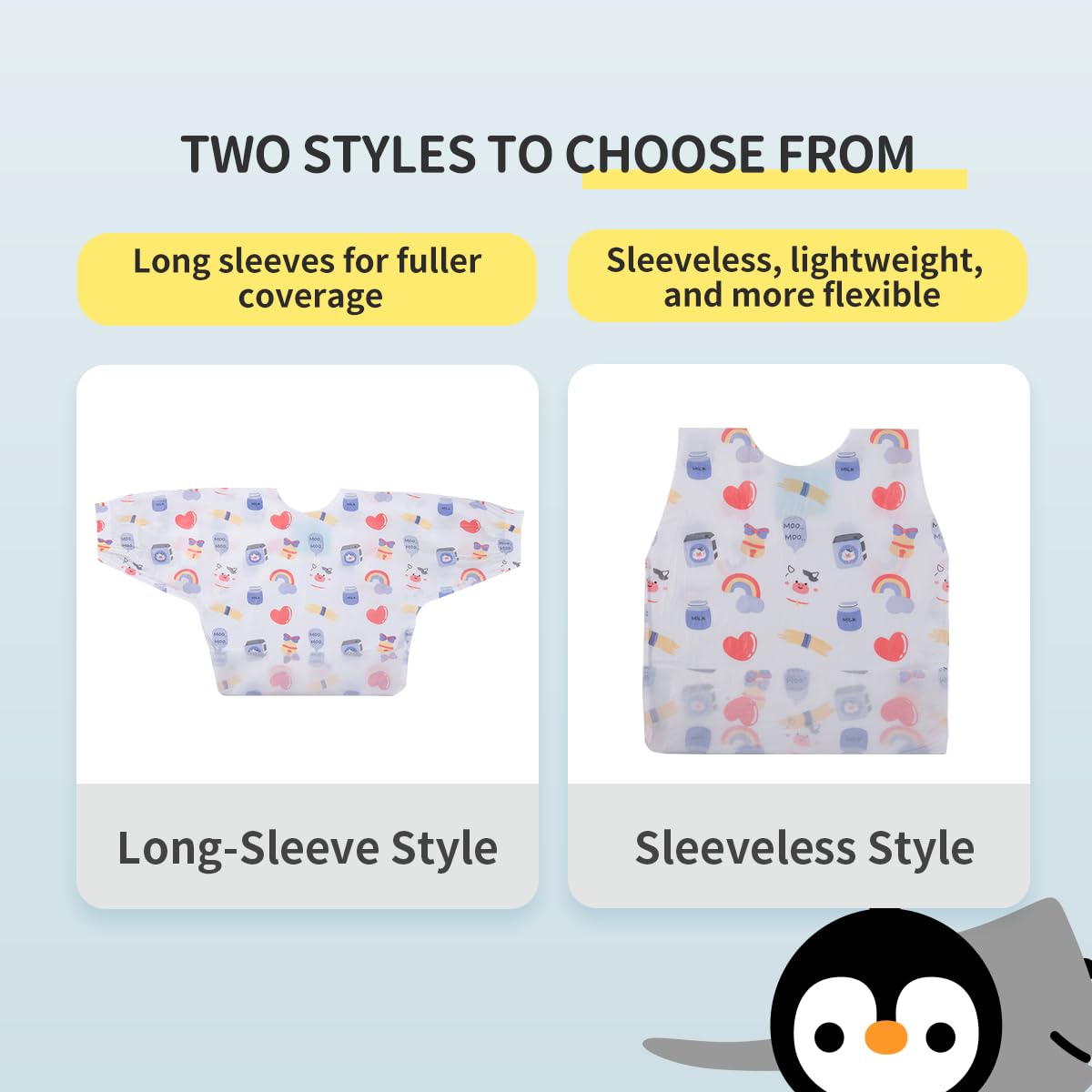 Onceplan - Vestido desechable para bebé, 10 piezas, paquete individual, babero de manga larga de 31.5 x 15.35 pulgadas, bata de bebé (vaca lechera azul, estilo de manga larga)