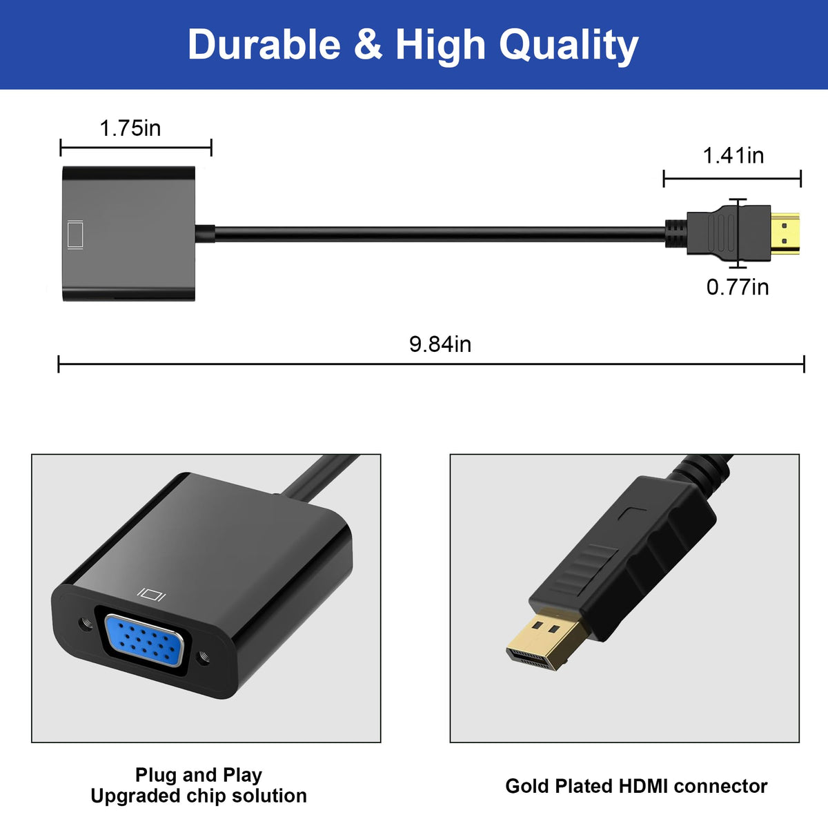Adaptador HDMI a VGA HOYAWU Chapado en Oro Unidireccional Paquete de 2 Unidades para Monitor y Computadora