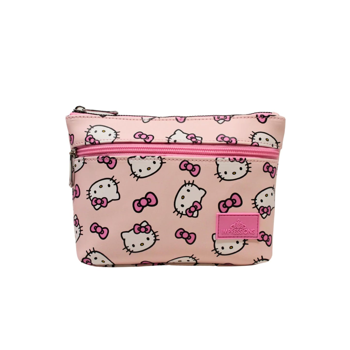 Impressions Vanity Hello Kitty - Bolsa de maquillaje con doble cierre para mujer, diseño de Hello Kitty, bolsa de maquillaje para viajes con interior forrado de poliéster, bolsillos deslizantes y