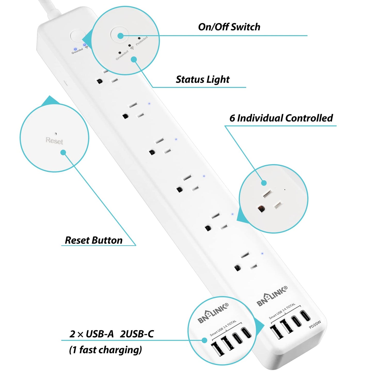BN LINK Smart Plug Power Strip, protector de sobretensiones con 6 tomas inteligentes controladas individualmente, 4 USB (incl. 20 W USB-C), compatible con Alexa y Google Home