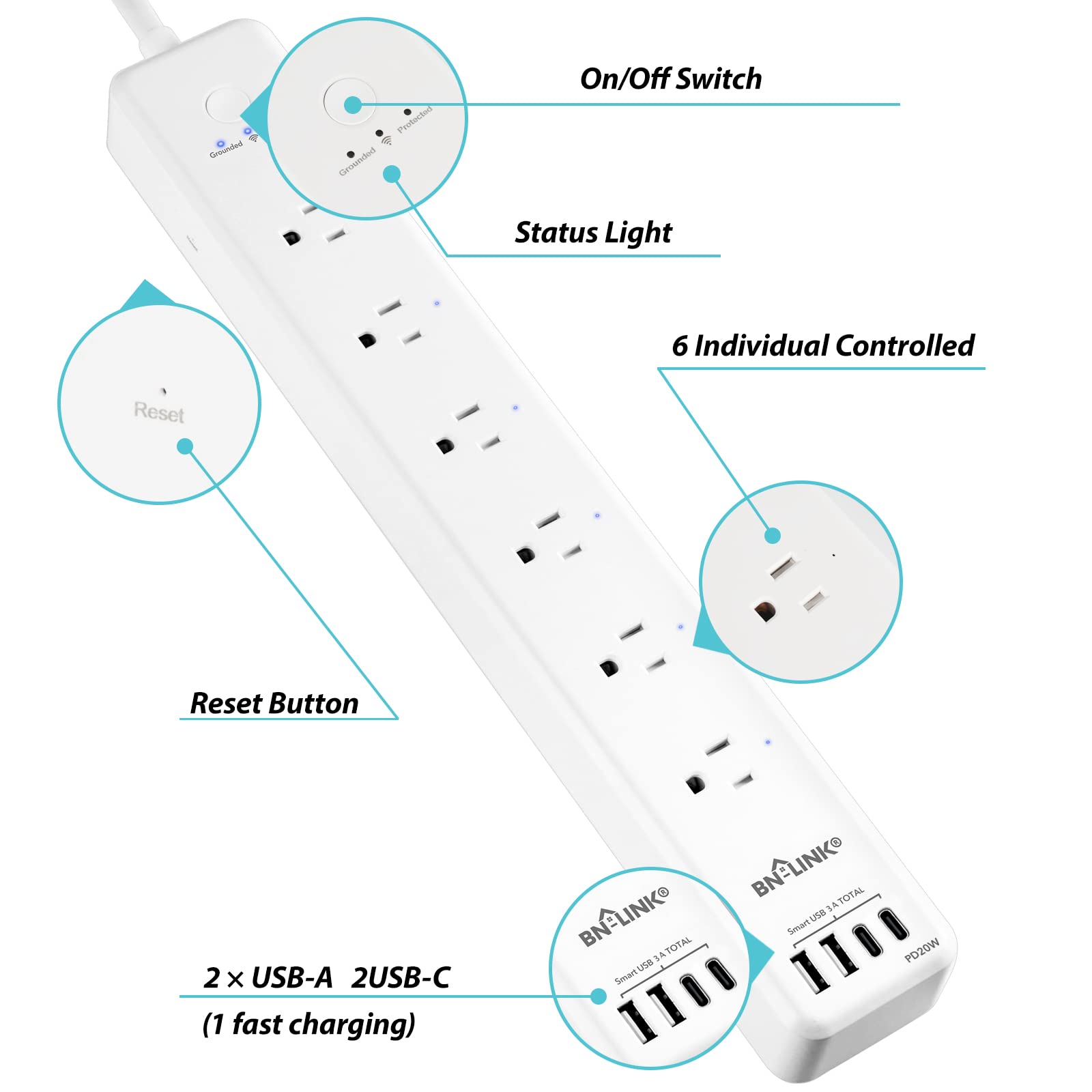 BN LINK Smart Plug Power Strip, protector de sobretensiones con 6 tomas inteligentes controladas individualmente, 4 USB (incl. 20 W USB-C), compatible con Alexa y Google Home