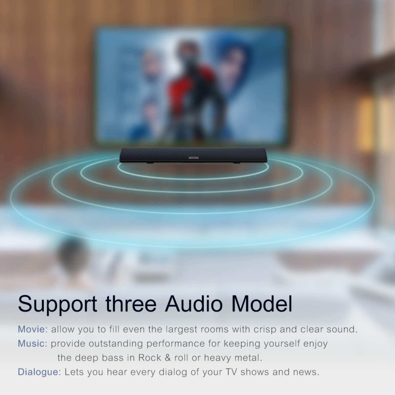 BESTISAN Barra de Sonido de 80 W, 34 Pulgadas, Barra de Sonido Bluetooth 5.0 inalámbrico y con Cable para Cine en casa (DSP, bajo Ajustable, Cable óptico Incluido)