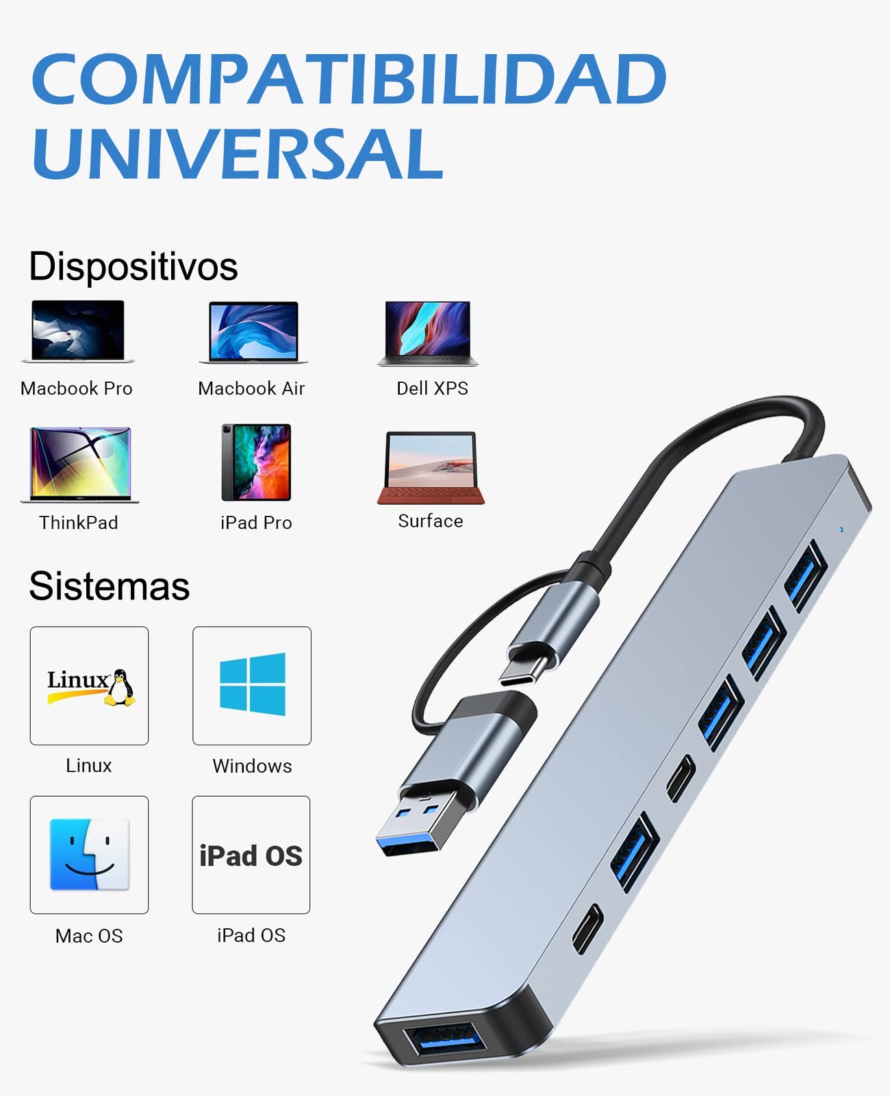 Lostrain Hub USB C 3.0, 7 en 2 Adaptador multipuerto Tipo C Hub con USB 3.0 Portátil Concentrador Hub USB C para MacBook Air/Pro iPad Chromebook Lenovo Huawei Surface