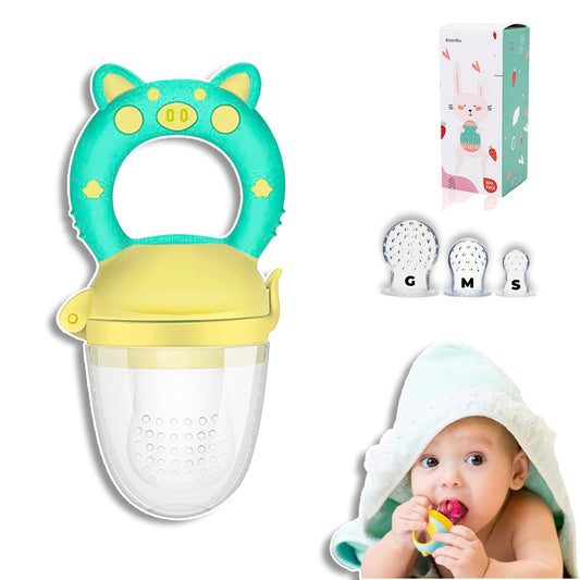 Chupones/Chupetes Ergonómicos para Frutas, Papillas y Cereales con Seguro y Tapa Protectora Libre de BPA, Dibujos Animados, Unisex de 4m+ (Pig Verde Amarillo)