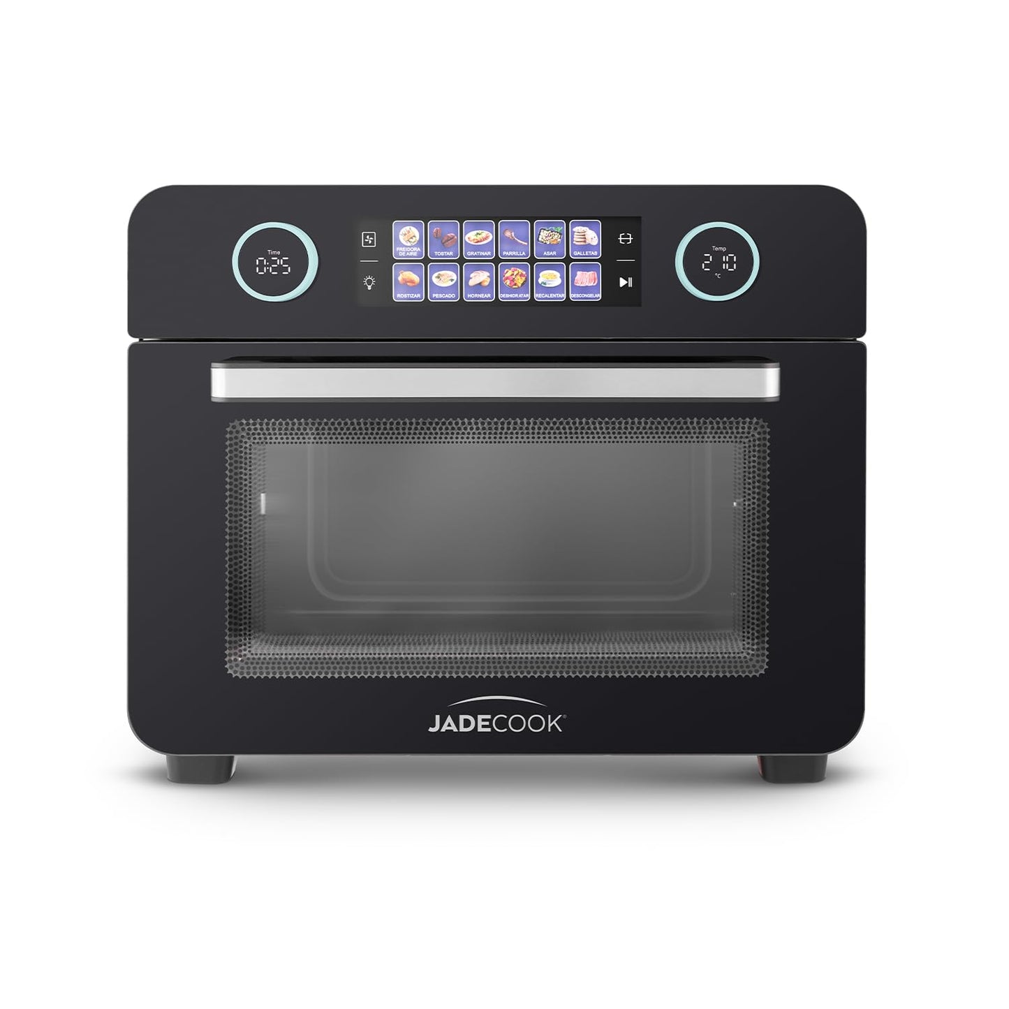 Horno Digital con Freidora de Aire 25L Jade Cook, 6 accesorios y 12 Modos Inteligentes, Parrilla, Hornear, Tostar, Rostizar, Gratinar, Deshidratar, Recalentar, Descongelar, Asar, Galletas, Pescado