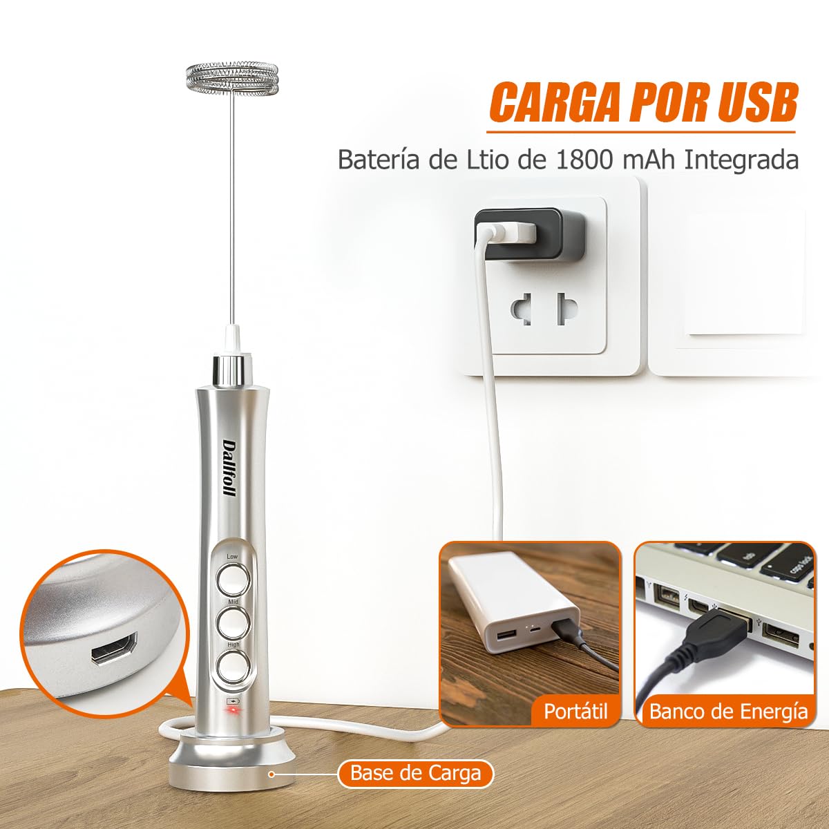 Dallfoll - Espumador de leche de mano, recargable por USB, mini máquina de espuma eléctrica para café Lattes, 3 velocidades, espumador de leche mezcladora de bebidas con 3 batidores para café a prueba de balas, capuchino, matcha