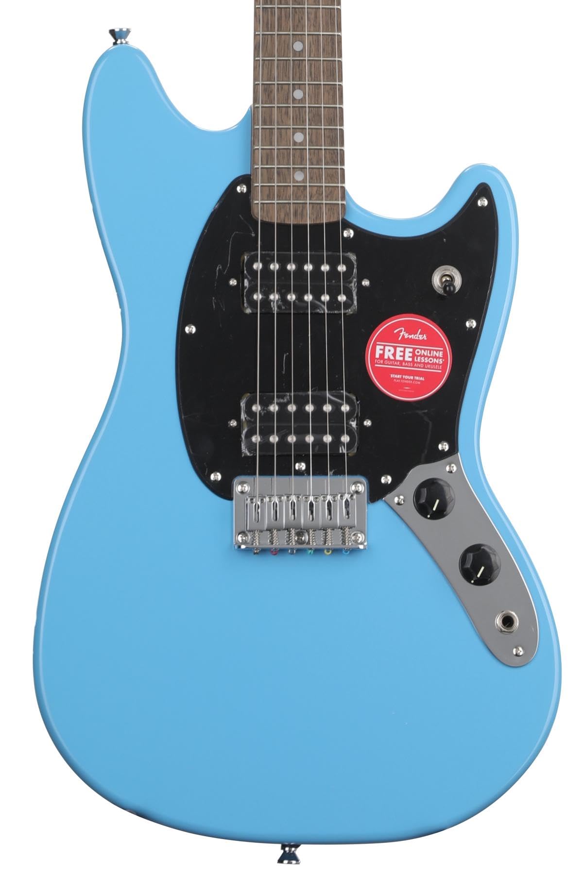 Fender Squier Sonic Mustang Electric Guitar, Beginner Guitar, Includes 30 Days of Free Lessons, Laurel Fingerboard and Step Up Pickups, Chrome Hardware, and Polyurethane Finish, California Blue