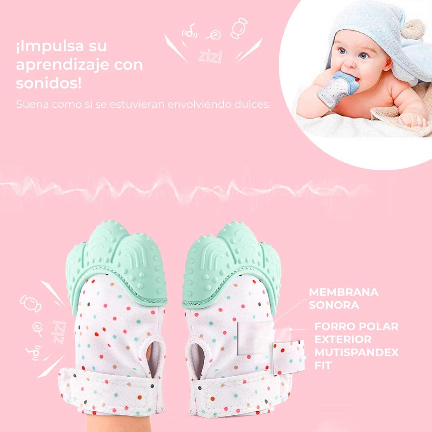 Chupón De Frutas y Papillas + Guante Mordedera, Membrana Sonora, Relieve Estimulante para Bebé, Libre BPA, 3m+ (Chupón Dino Rosa + Guante Rosa)