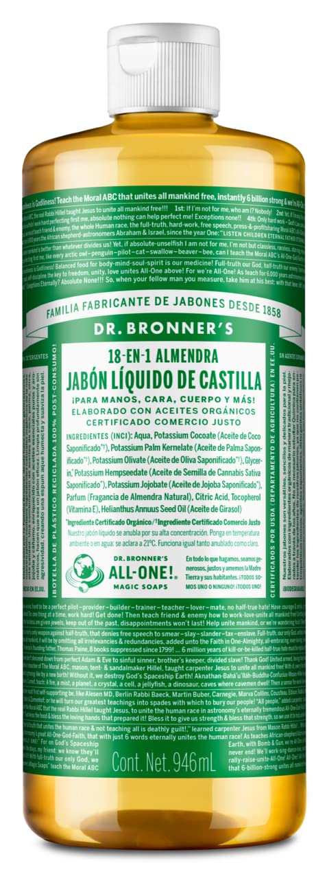 Dr. Bronner's | Jabón de castilla orgánico líquido multiusos, fórmula concentrada, nutrición suave y piel hidratada, con aceite esencial natural, aroma Almendra (946 ml)
