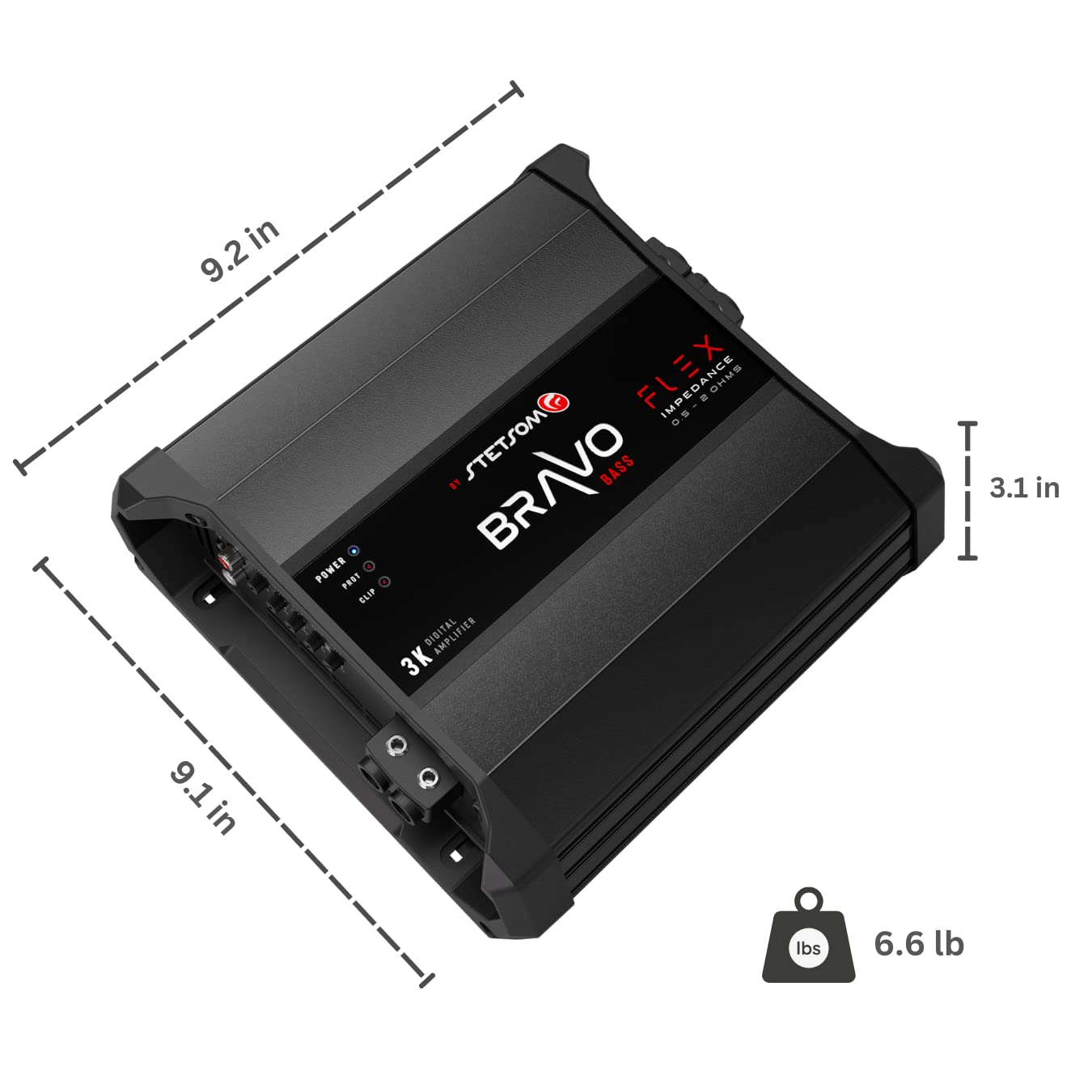 Amplificador de Audio para Coche Stetsom Bravo BASS Flex 3K Negro con Sistema de Impedancia Automática Monobloque 3000 W RMS a Impedancia Variable 0.5 a 2 Ohmios