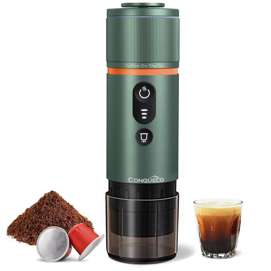 CONQUECO - Máquina de café expreso portátil de 12 V eléctrica pequeña máquina de viaje expresso – autocalentamiento, 8 tazas alimentadas con pilas compatible para cápsula Nespresso, para camping,