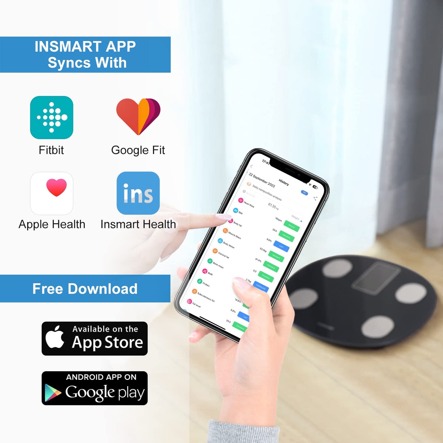 INSMART Báscula de grasa corporal para personas digital con aplicación, báscula Bluetooth para frecuencia cardíaca, grasa corporal, IMC, peso, masa muscular, agua, proteínas, músculos esqueléticos