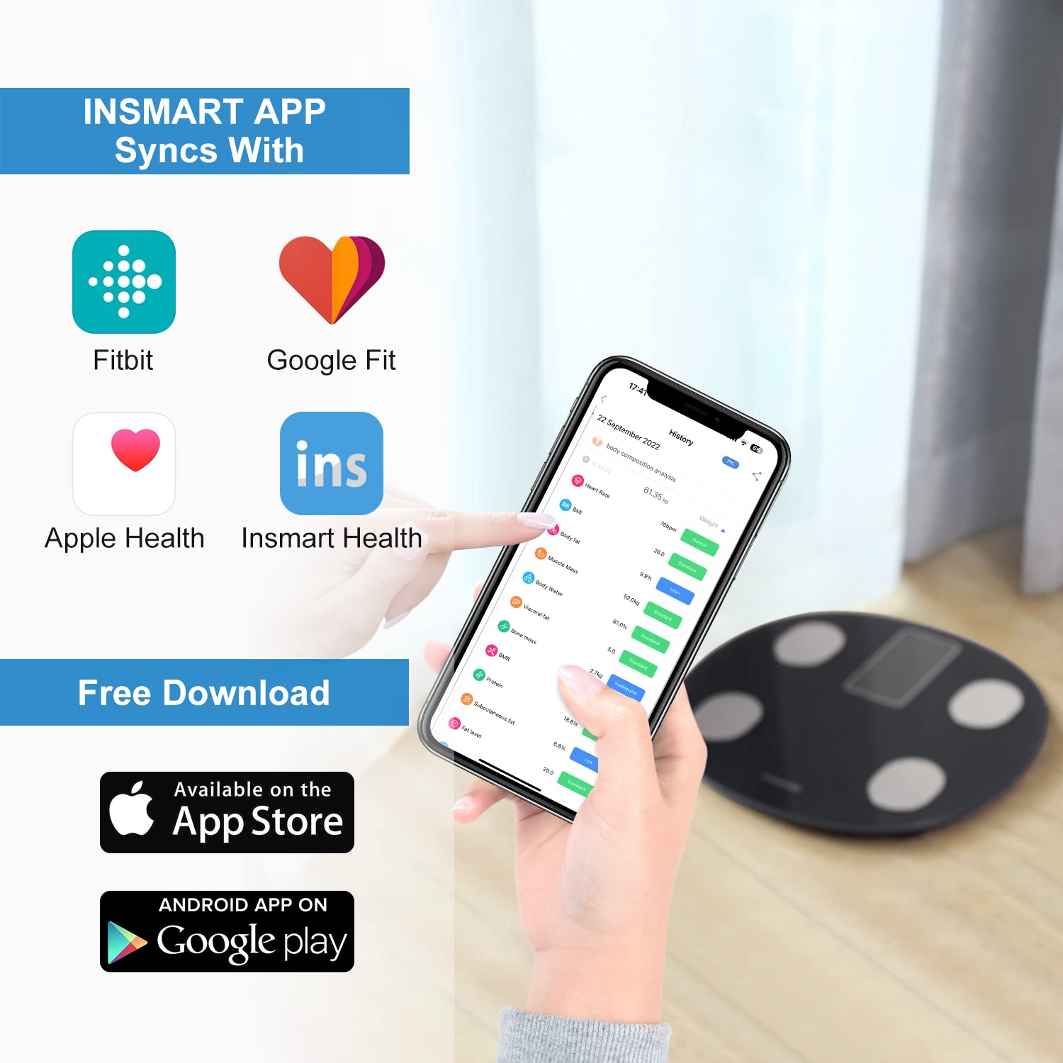 INSMART Báscula de grasa corporal para personas digital con aplicación, báscula Bluetooth para frecuencia cardíaca, grasa corporal, IMC, peso, masa muscular, agua, proteínas, músculos esqueléticos