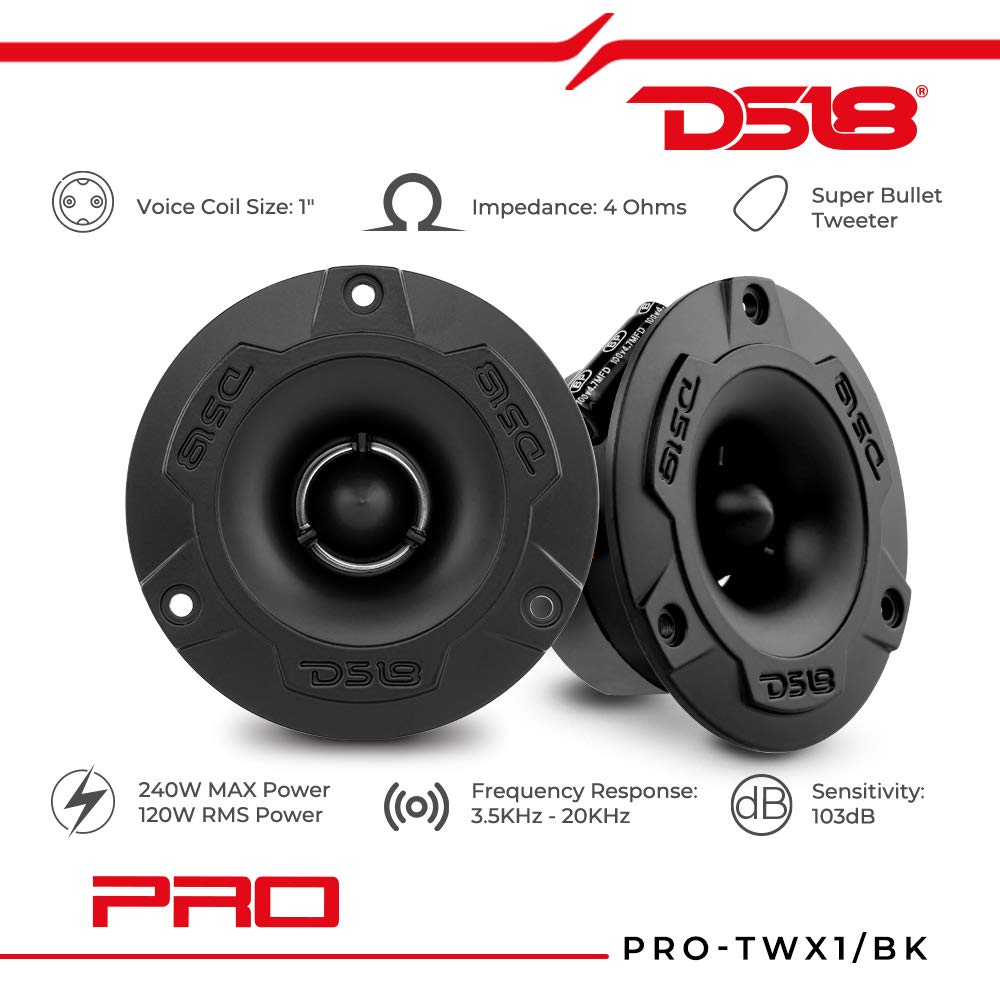 DS18 Bullet DE Aluminio Tweeter Pro TWX1 Super de 1 Pulgada, 240 W máximo, 4 ohmios, Crossover Integrado: los tweeters Pro (2 Altavoces incluidos)
