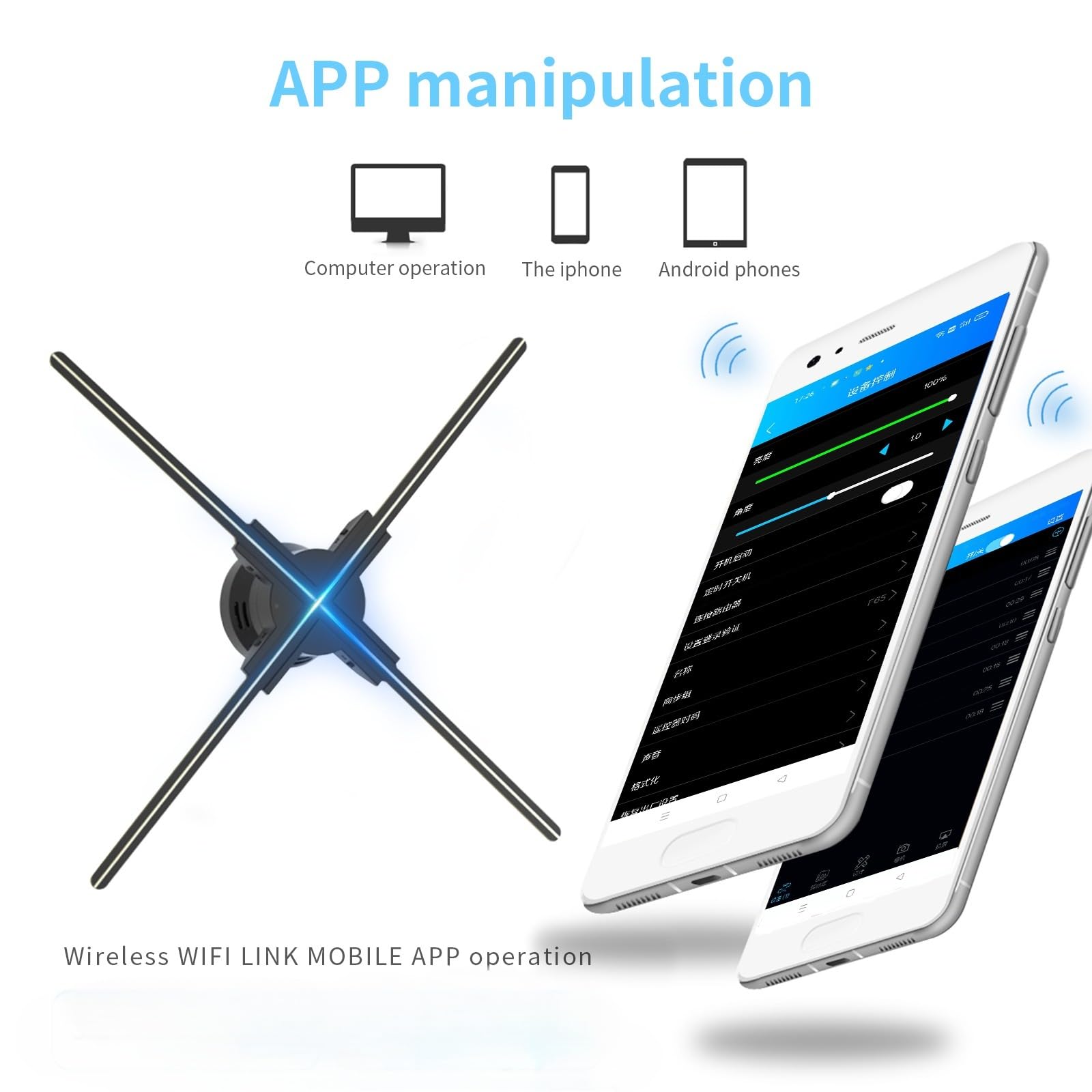 GIWOX - Ventilador LED con holograma 3D, proyector de video holográfico 3D, compatible con WiFi, aplicación de teléfono y tarjeta TF, holograma 3D, visualización de publicidad gráfica para