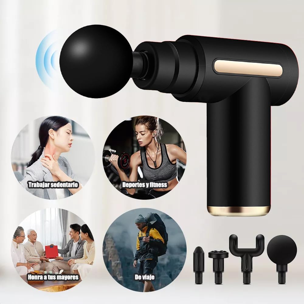 Pistola de Masaje Muscular con 4 Cabezas, Carga USB Masajeador Portatil Muscular, Mini Masajeador de 6 Velocidades Masaje Profesional para Musculos, Ligamentos y Tejidos (Negro-1)