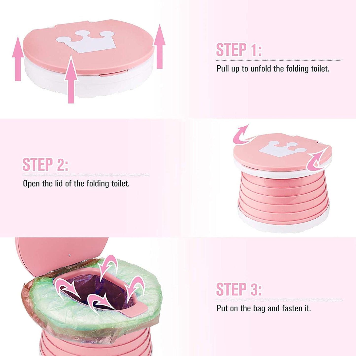 Orinal Portátil Orinal De Viaje Rosa con Asiento Plegable para Niñas y 75 Bolsas de Limpieza