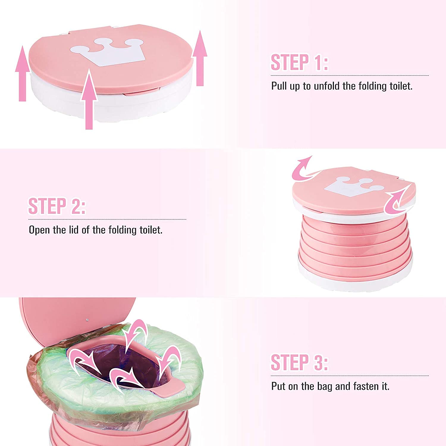 Orinal Portátil Orinal De Viaje Rosa con Asiento Plegable para Niñas y 75 Bolsas de Limpieza