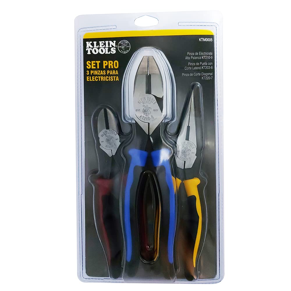 KLEIN TOOLS KTM0005 | Kit de pinzas para electricista de 3 piezas | Corta, sujeta y manipula cables con precisión | Diseño ergonómico y resistente | Pinzas de corte | Uso rudo y ergonómico
