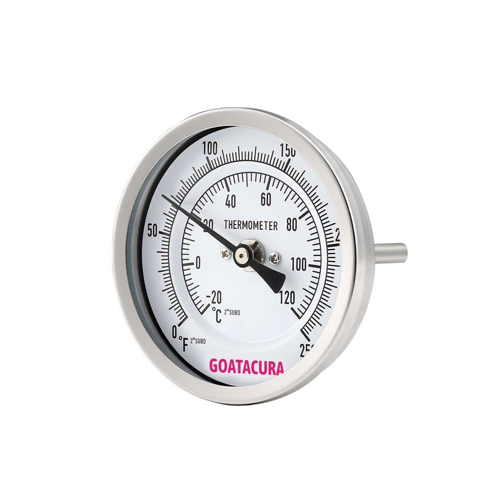 GOATACURA Termómetro bimetálico, acero inoxidable completo, tamaño de esfera de 3 pulgadas, vástago de 2-1/2 pulgadas, montaje trasero NPT de 1/2 pulgadas, 0-250 grados F/-20-120 grados C, 1%
