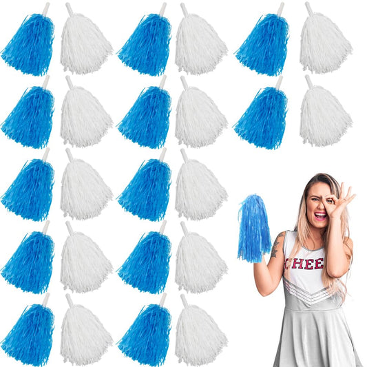 Lovecheer - 24 pompones de animadora azul y blanco con asa para deportes, danza espiritual y actuación de fiesta