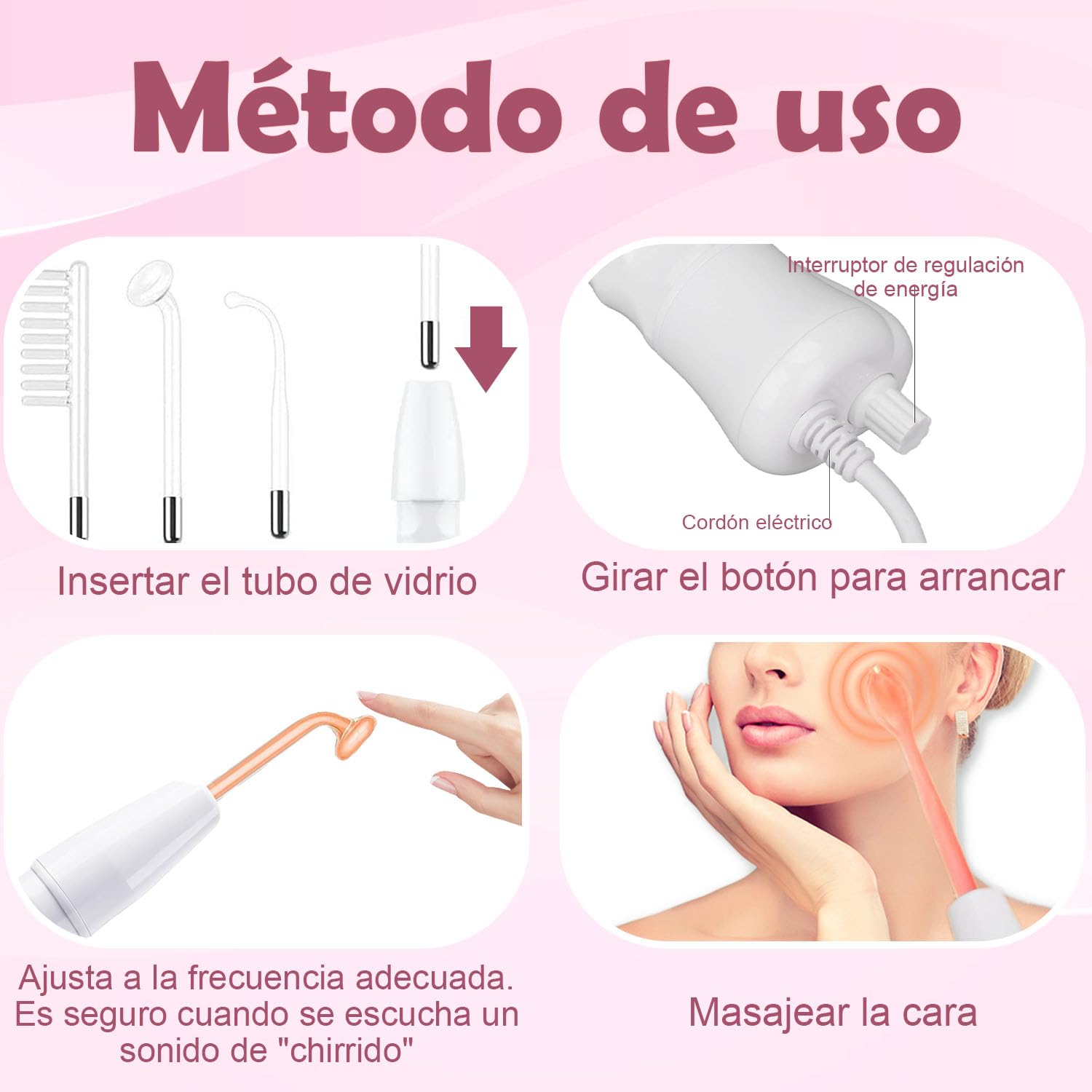 Bedpaws Máquina Facial de Alta Frecuencia Portátil de Mano con 4 Tubos Diferentes para Cuidado de la Piel