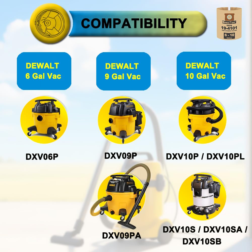 Puroom 3 bolsas de filtro de alta eficiencia para DeWalt de 6 a 10 galones y Vacmaster de 8 a 10 galones de aspiradora húmedo/seco – Parte # DeWalt DXVA19-4101 & VHBM
