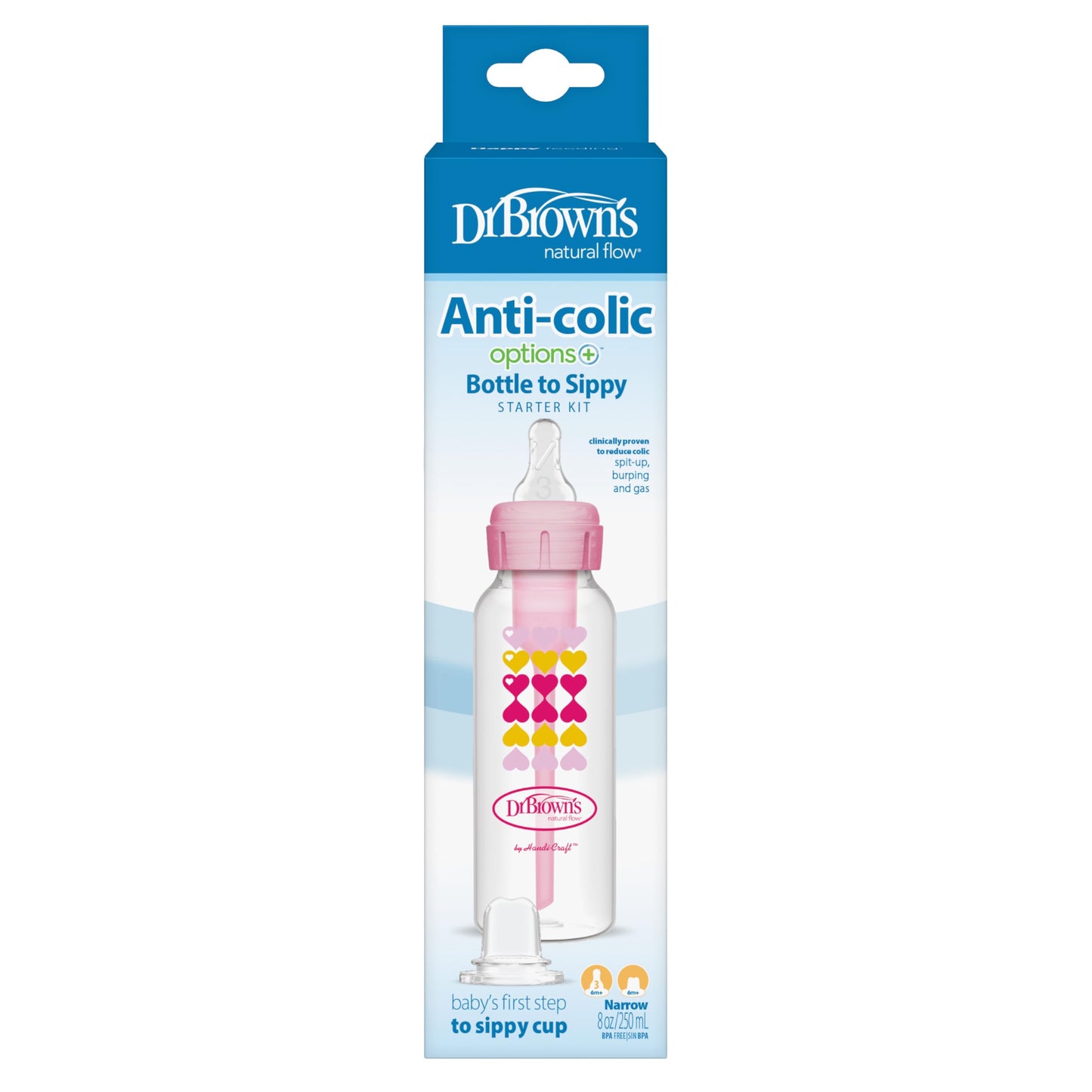 Dr. Brown's Natural Flow Options+, Kit Del Transición 2 En 1 Biberón Al Vasito Bebé Niños, Rosa (pink), Unidad Paquete De