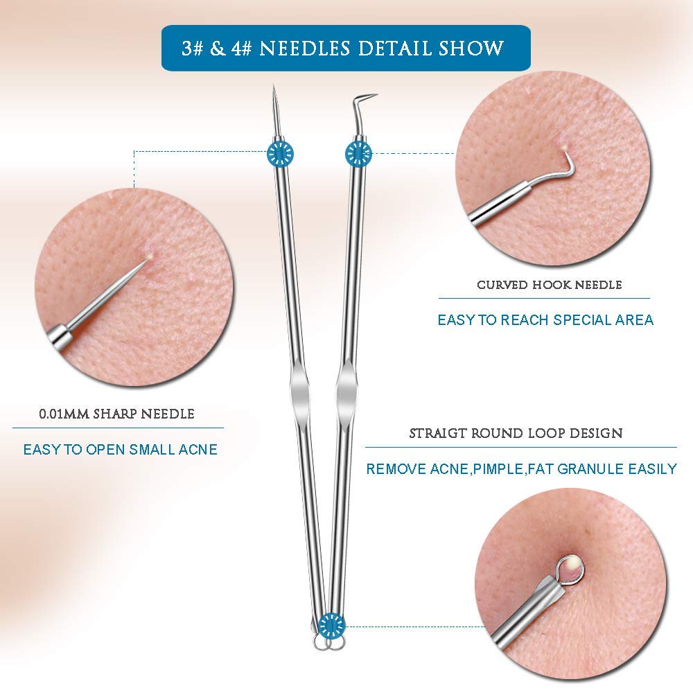 Kit de Eliminación de Acné | USCOLOR | Extractor de Espinillas | Herramienta Profesional de Limpieza de Acero Inoxidable | Para Cara, Nariz, Mentón, Frente y Mejilla | 7 Piezas