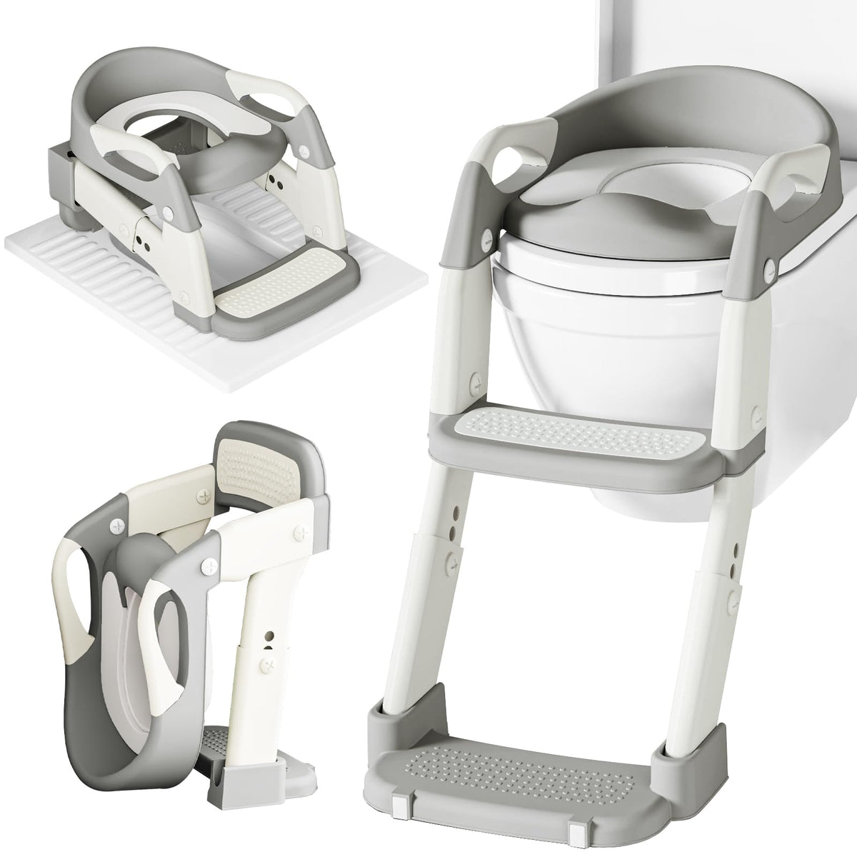 CUXFLS Asiento para Entrenamiento de Baño 3-en-1 para Niños Pequeños (Inodoro, Escalera, Ayuda para Agacharse) para Niños y Niñas con Cojín Desmontable, Anti-Salpicaduras y Diseño Plegable - Gris
